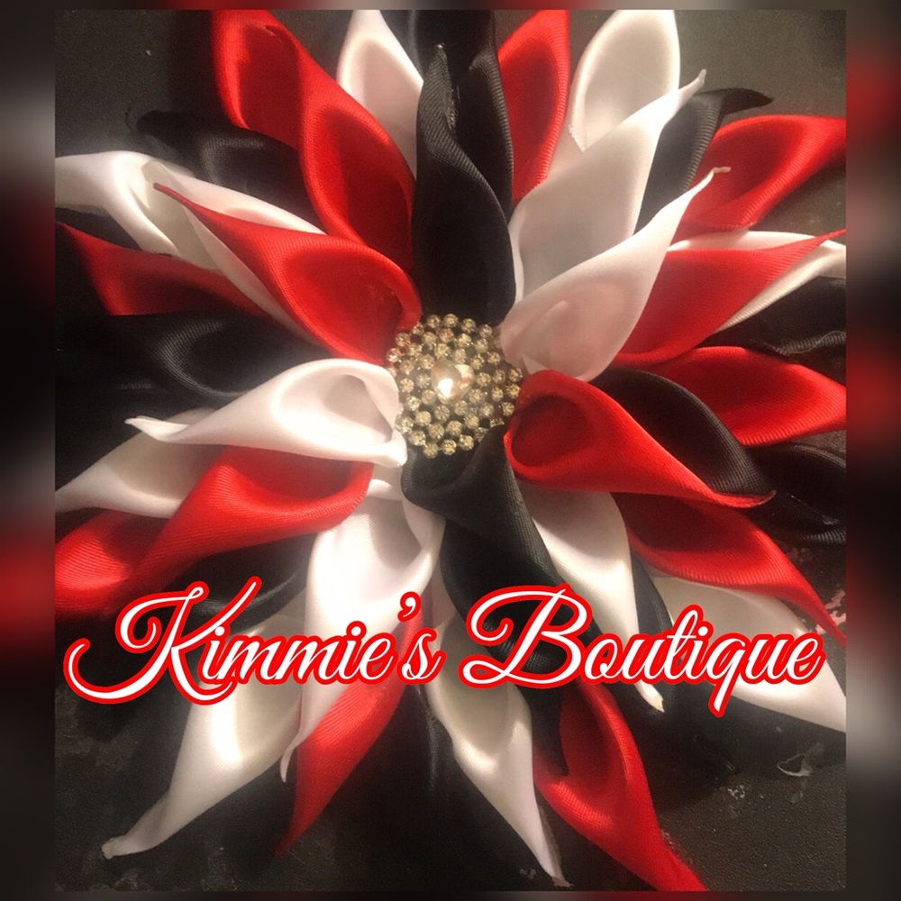 Red, Black and white Kanzashi Satin Flower Brooch - Ribbon Flower Brooch